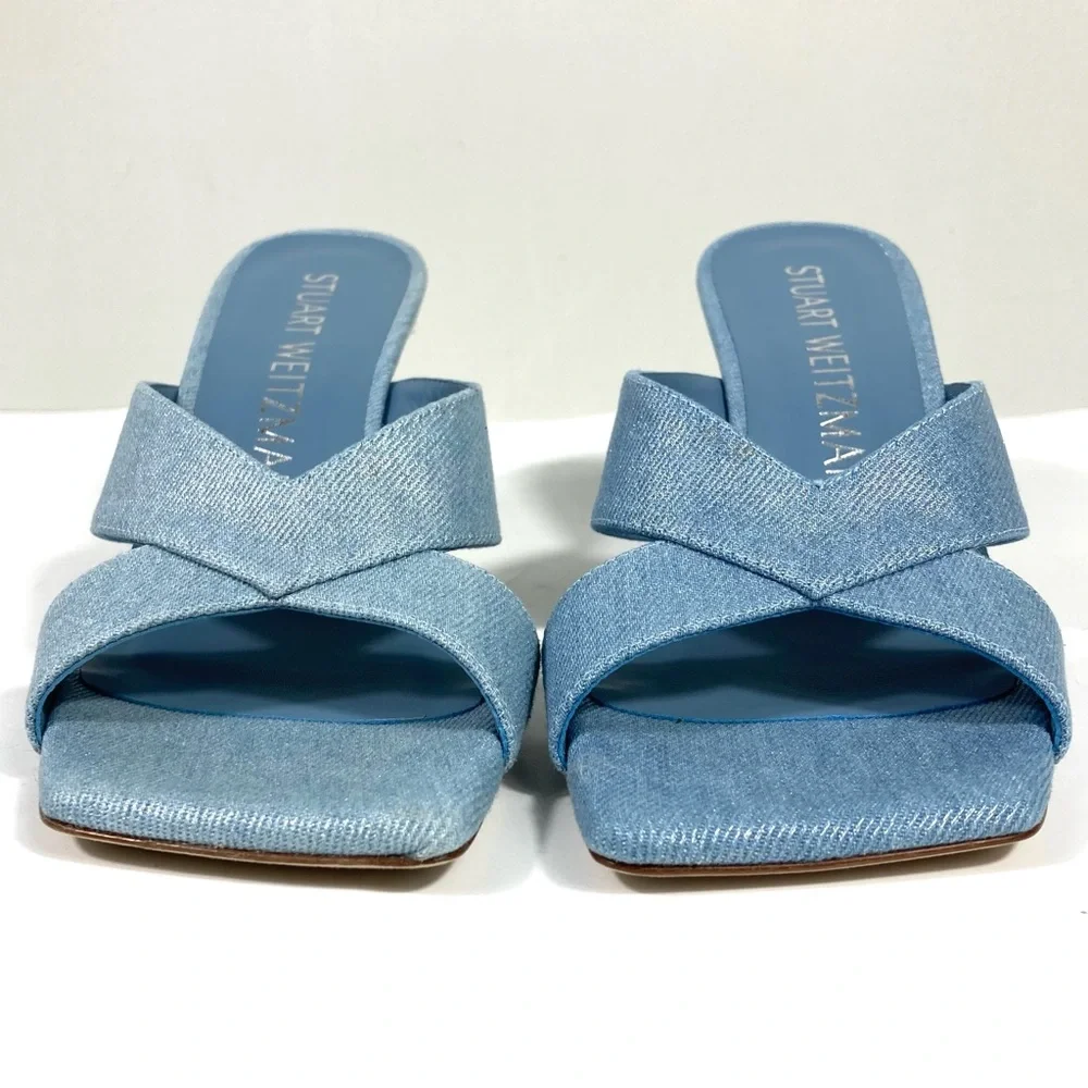 Stuart Weitzman Carmen 75 Heel Slide Sandals Blue Denim 8 NEW - Picture 14 of 17